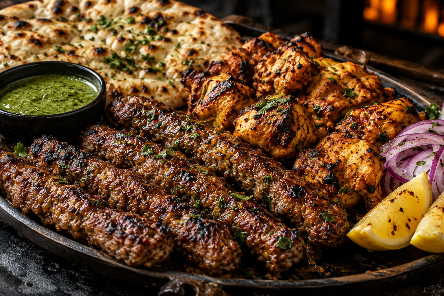 South Asian kebabs and chicken tikka with naan, chutney, onion and lemon